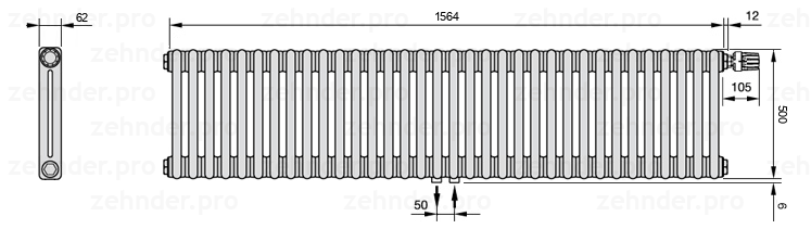 Схема (чертеж) Радиатор Zehnder Charleston 2050/34 №V008 Белый глянцевый RAL 9016